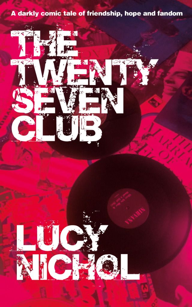 A book cover - the book is called The Twenty Seven Club by author Lucy Nichol (all upper case white writing) on a red toned background with records beneath it